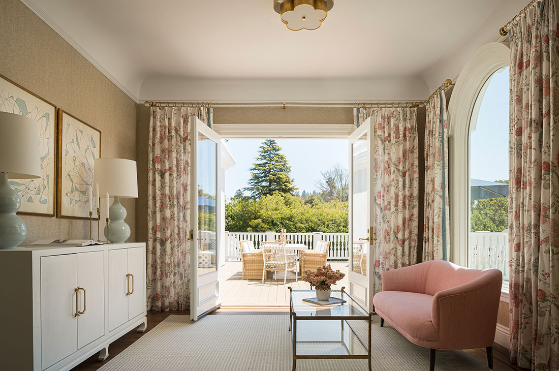 Neoclassical Hillsborough Sitting Room Out to Patio